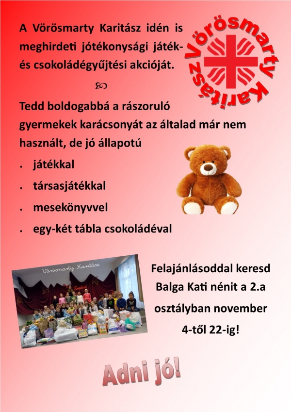 Adománygyűjtést szervez a Vörösmarty Karitász