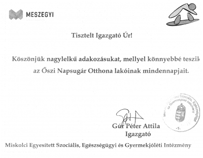 Az Ősz Napsugár Idősek Otthona számára iskolánk élelmiszergyűjtést szervezett